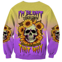 Sunflower skull sweatshirt with bold text on yellow-to-purple gradient back