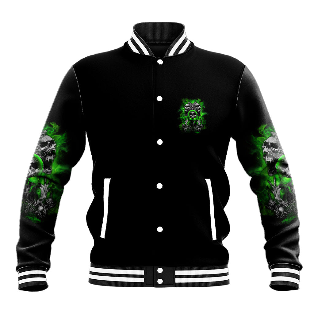 Black baseball jacket with green skull chest print, snap-button front, striped ribbed trim.