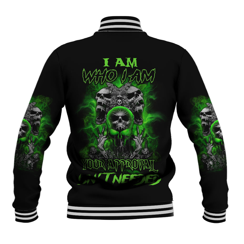Black baseball jacket with green skull back graphic, striped ribbed collar and cuffs.