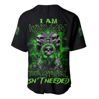 Black baseball jersey with green skull graphic and neon-style lettering