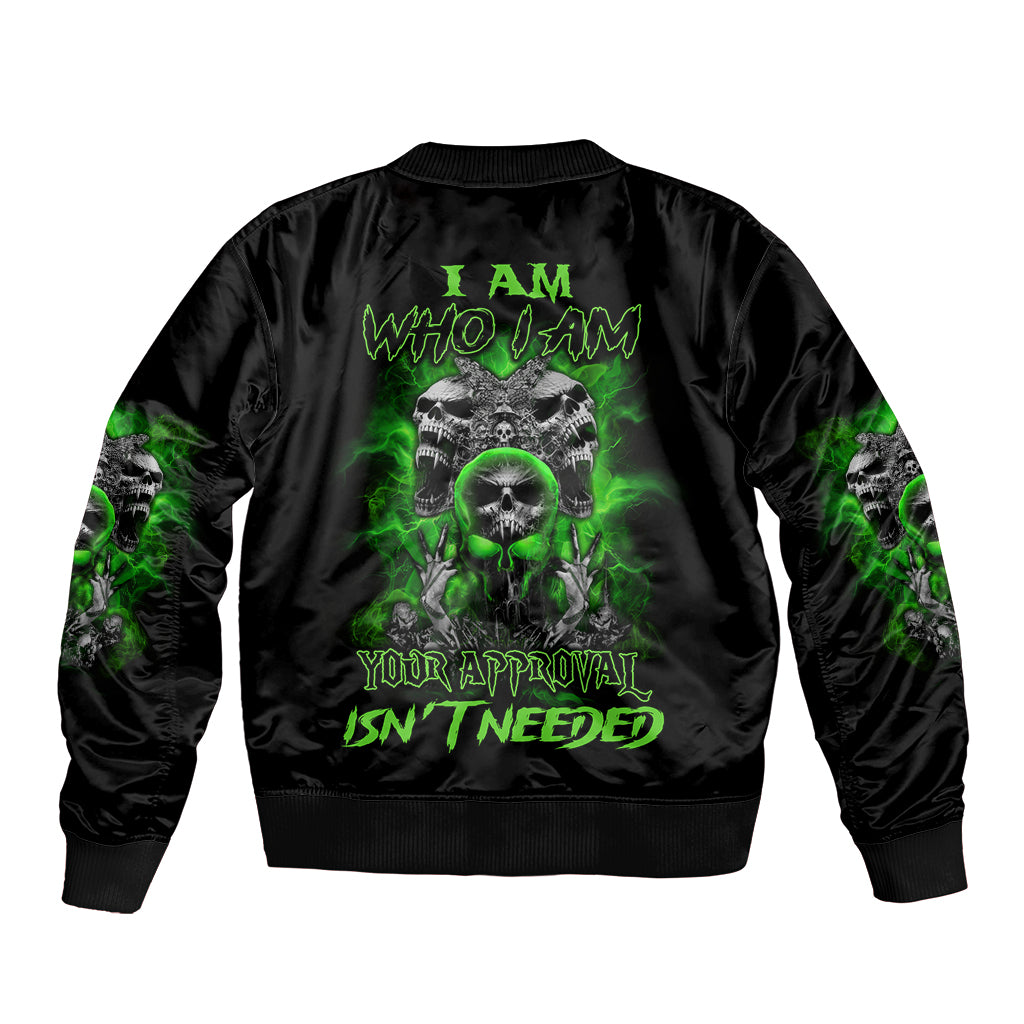 Black skull bomber jacket with green graphic text and skull print