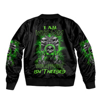 Black skull bomber jacket with green graphic text and skull print