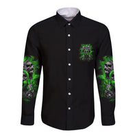 Black long-sleeve button shirt with neon green skull chest print and sleeve graphics