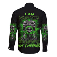 Black long-sleeve button shirt with neon green skull graphic on back and sleeves