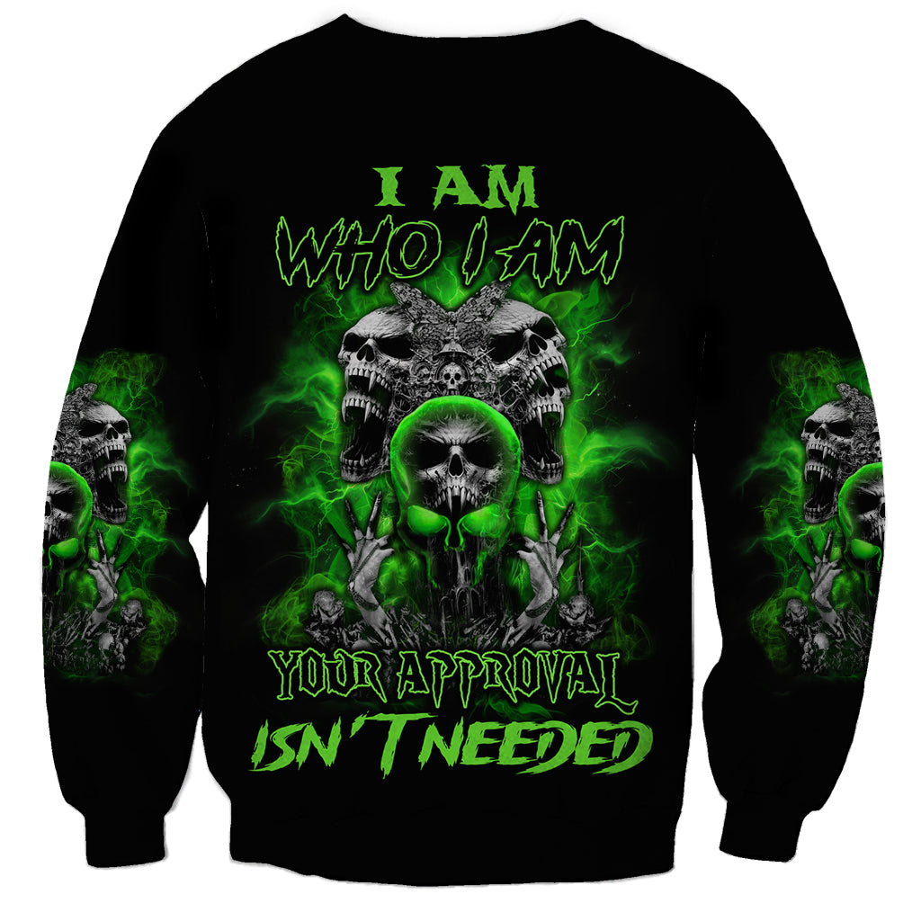 Black unisex sweatshirt with green skull graphic and front text