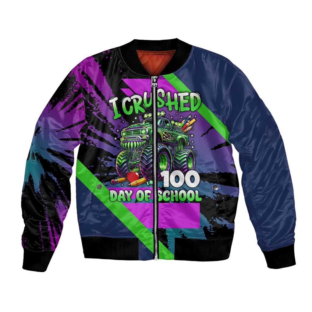 I Crushed 100 Days of School Monster Truck Bomber Jacket 100th Day Boys - Retro Radiant Pattern