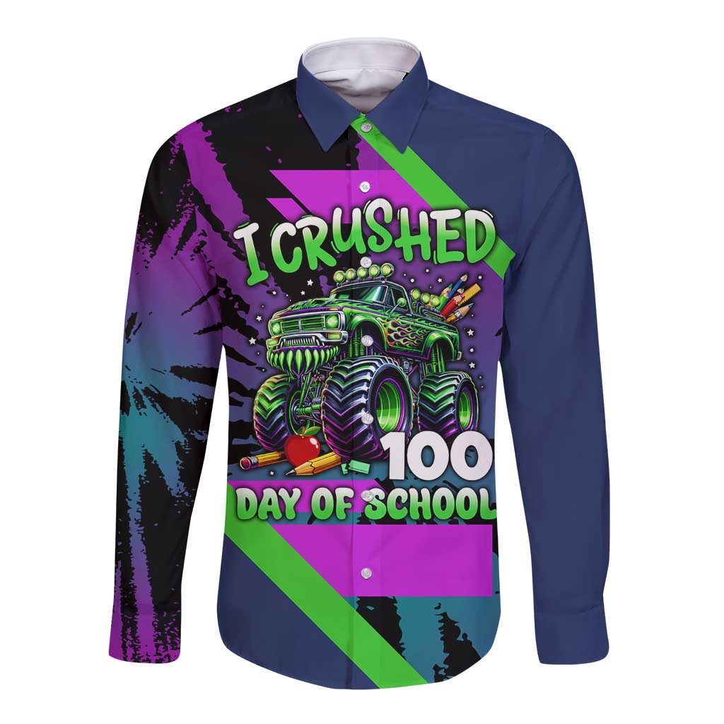 I Crushed 100 Days of School Monster Truck Long Sleeve Button Shirt 100th Day Boys - Retro Radiant Pattern