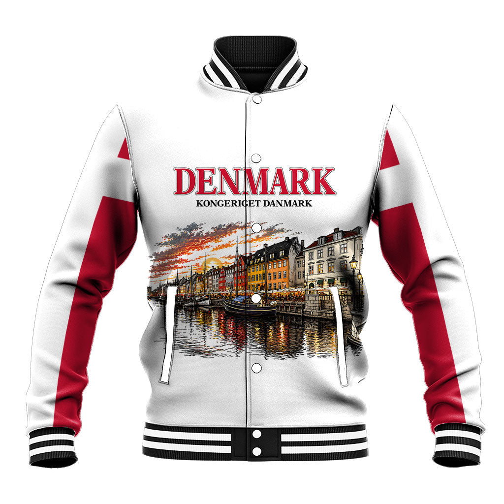 Denmark Kongeriget Heritage Baseball Jacket Vintage Viking Ship And Nyhavn Scenic Illustration