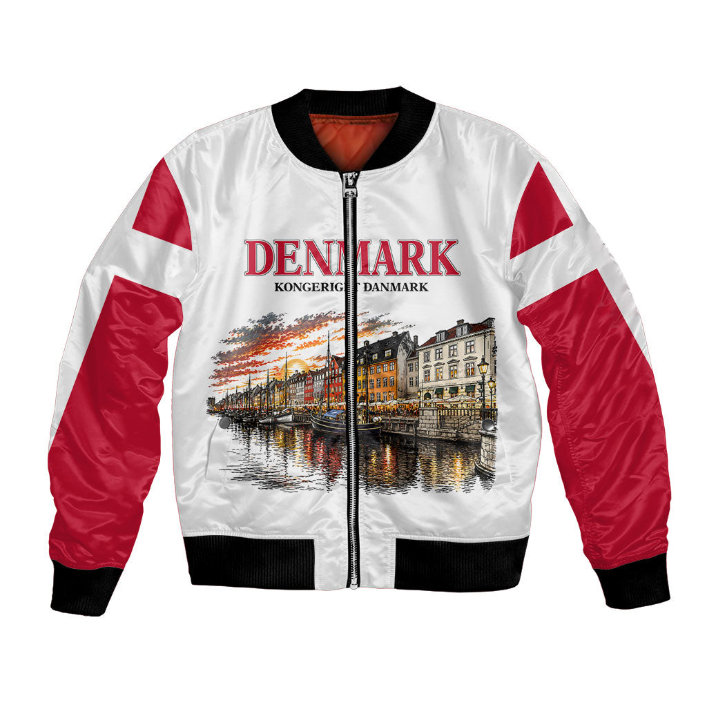 Denmark Kongeriget Heritage Bomber Jacket Vintage Viking Ship And Nyhavn Scenic Illustration