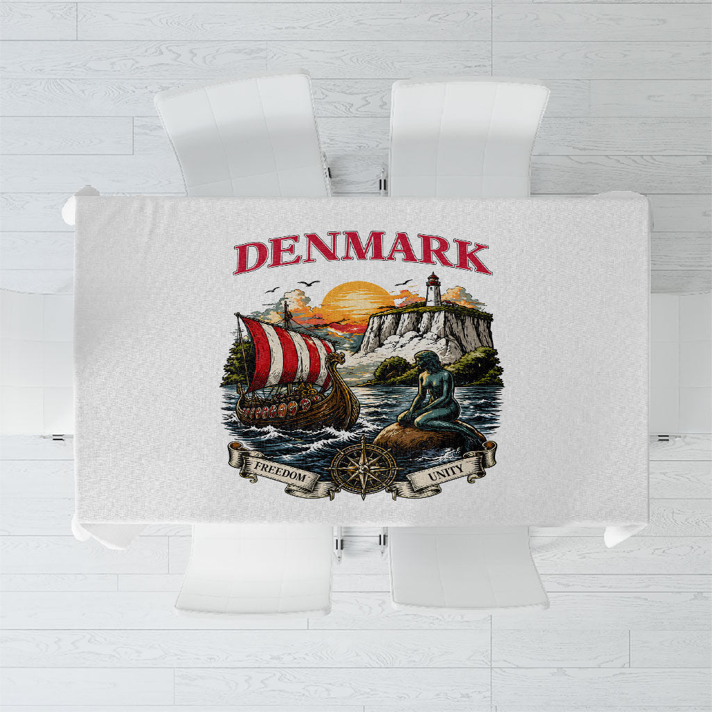 Denmark Kongeriget Heritage Tablecloth Vintage Viking Ship And Nyhavn Scenic Illustration