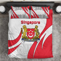 Red, white, and gray Singapore crest bedding set with lions and city skyline pattern