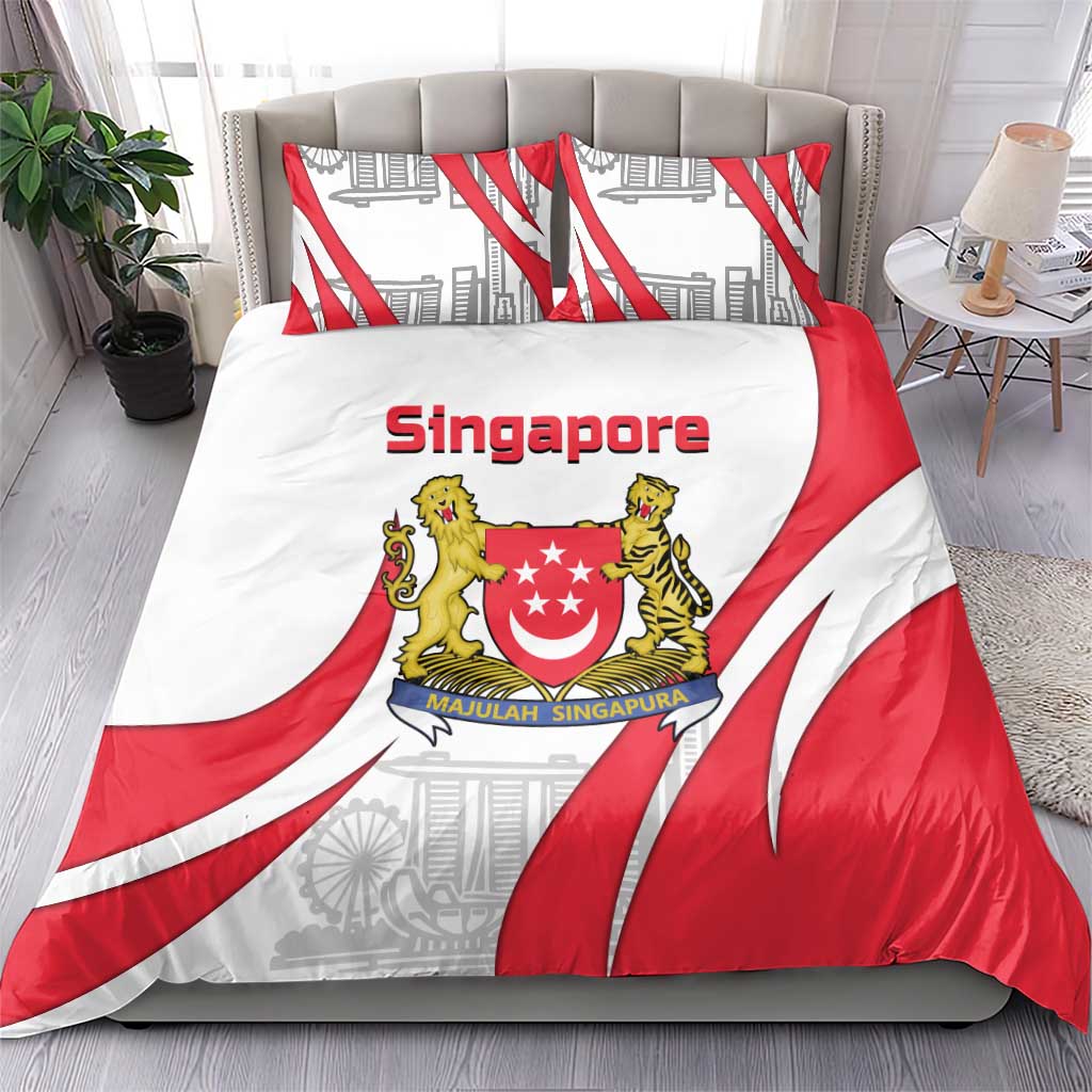 Red, white, and gray Singapore crest duvet cover with matching pillow set on bed