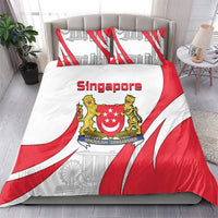 Red, white, and gray Singapore crest duvet cover with matching pillow set on bed