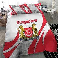 Red, white, and gray Singapore crest bedding set with lion crest and “Singapore” text
