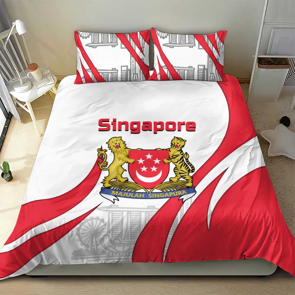 Red, white, and gray Singapore crest duvet on bed with matching pillow