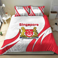 Red, white, and gray Singapore crest duvet on bed with matching pillow
