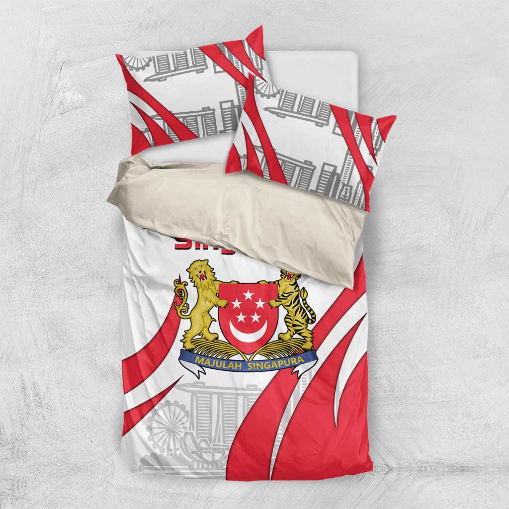 Red, white, and gray Singapore crest bedding set laid flat with lions and skyline