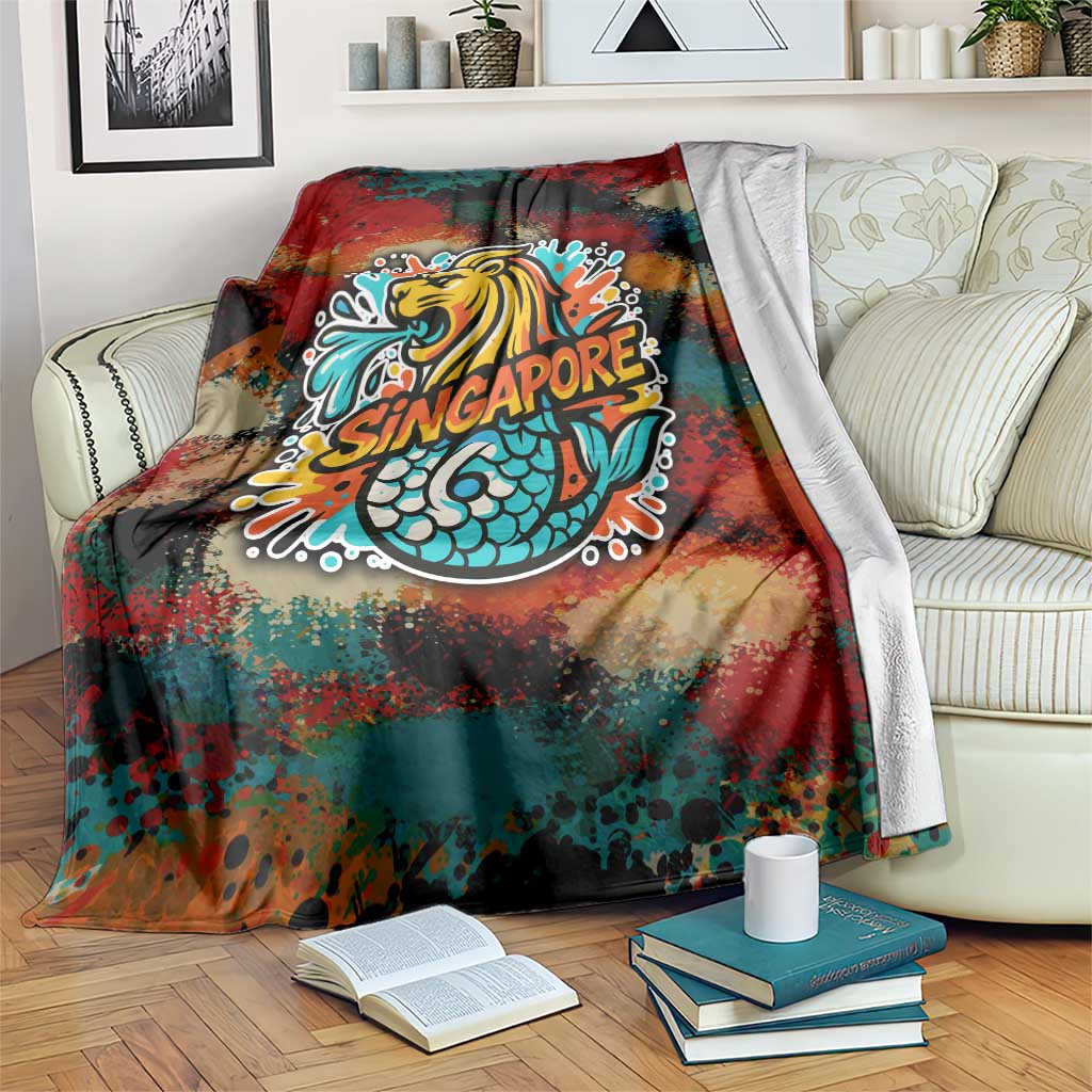 Singapore Merlion Blanket with Graffiti Art Style and National Flag