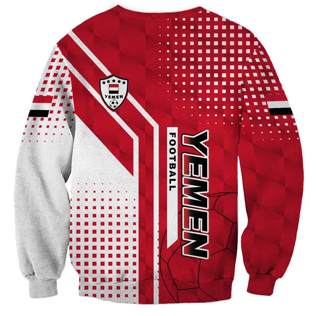 Red/white Yemen football sweatshirt back view with diagonal flag lines and crest