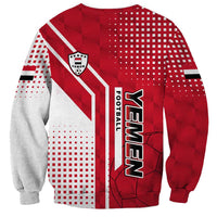 Red/white Yemen football sweatshirt back view with diagonal flag lines and crest