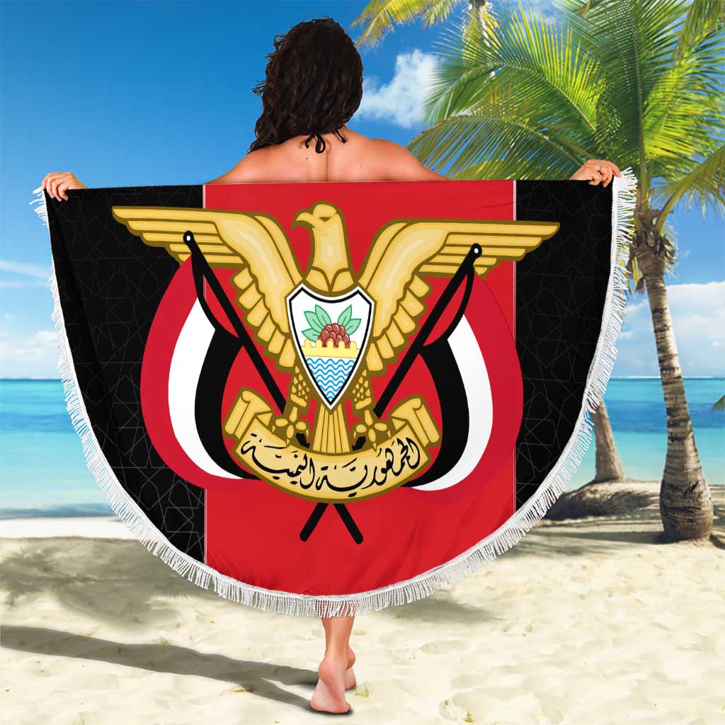 Yemen Eagle Emblem Beach Blanket with National Flag and Map Design