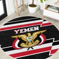 Yemen Round Carpet with National Eagle Emblem and Flag Stripe Design