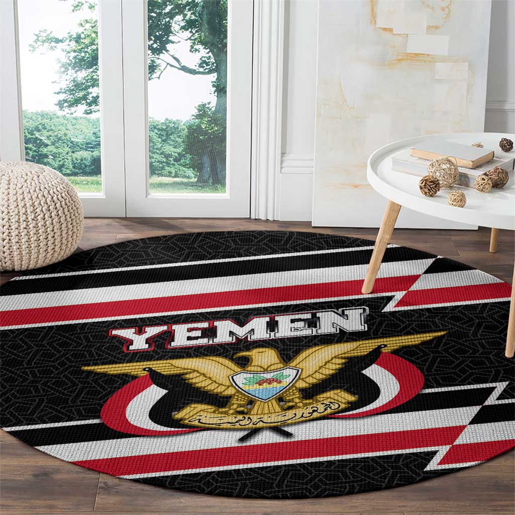 Yemen Round Carpet with National Eagle Emblem and Flag Stripe Design