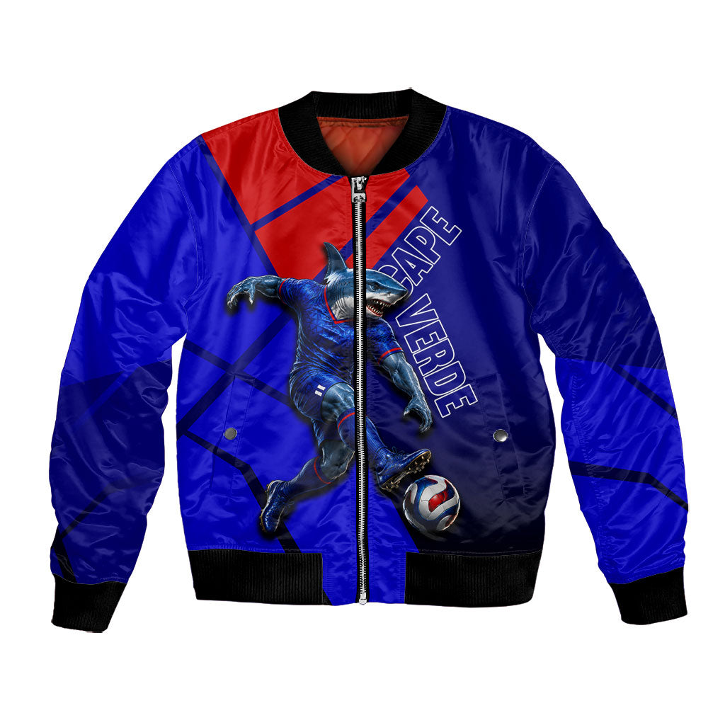 Personalized Cape Verde Soccer Shark Mascot Bomber Jacket Blue Sharks Football Player Dynamic Graphic