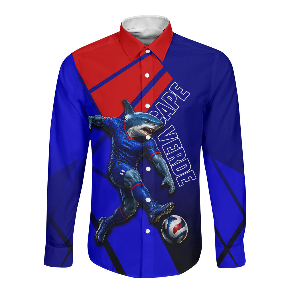 Personalized Cape Verde Soccer Shark Mascot Long Sleeve Button Shirt Blue Sharks Football Player Dynamic Graphic
