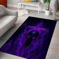 Dark purple flame skull area rug with hot-pink team name text, rectangular