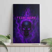 Purple flame skull canvas wall art with neon TEAM NAME text, vertical view