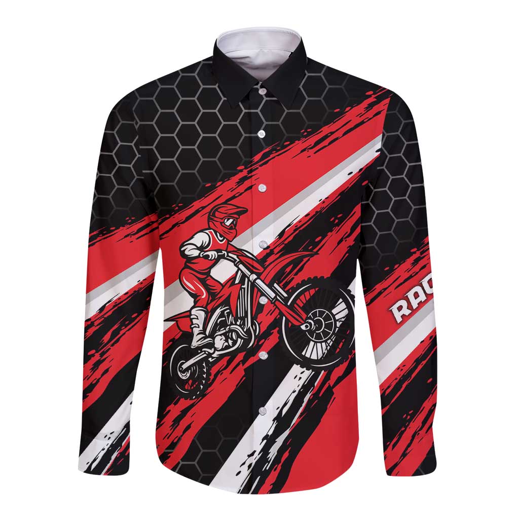 Custom Dirt Bike Long Sleeve Button Shirt Motocross Rider Red Black Hex Pattern and Racing Number - Wonder Print Shop