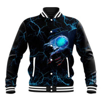 Lightning Bowling Baseball Jacket Electric Blue Ball and American Eagle Graphic on Stormy Black Background - Wonder Print Shop