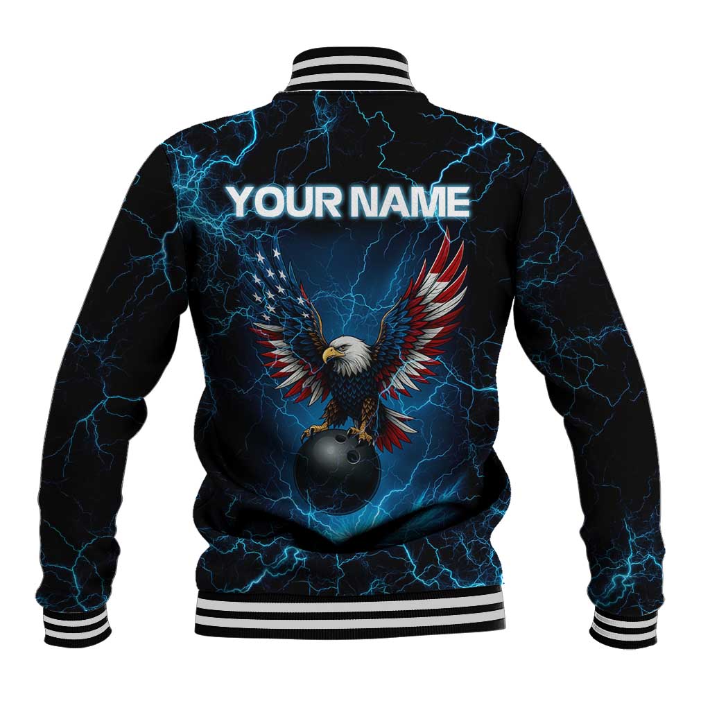 Lightning Bowling Baseball Jacket Electric Blue Ball and American Eagle Graphic on Stormy Black Background - Wonder Print Shop
