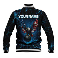 Lightning Bowling Baseball Jacket Electric Blue Ball and American Eagle Graphic on Stormy Black Background - Wonder Print Shop