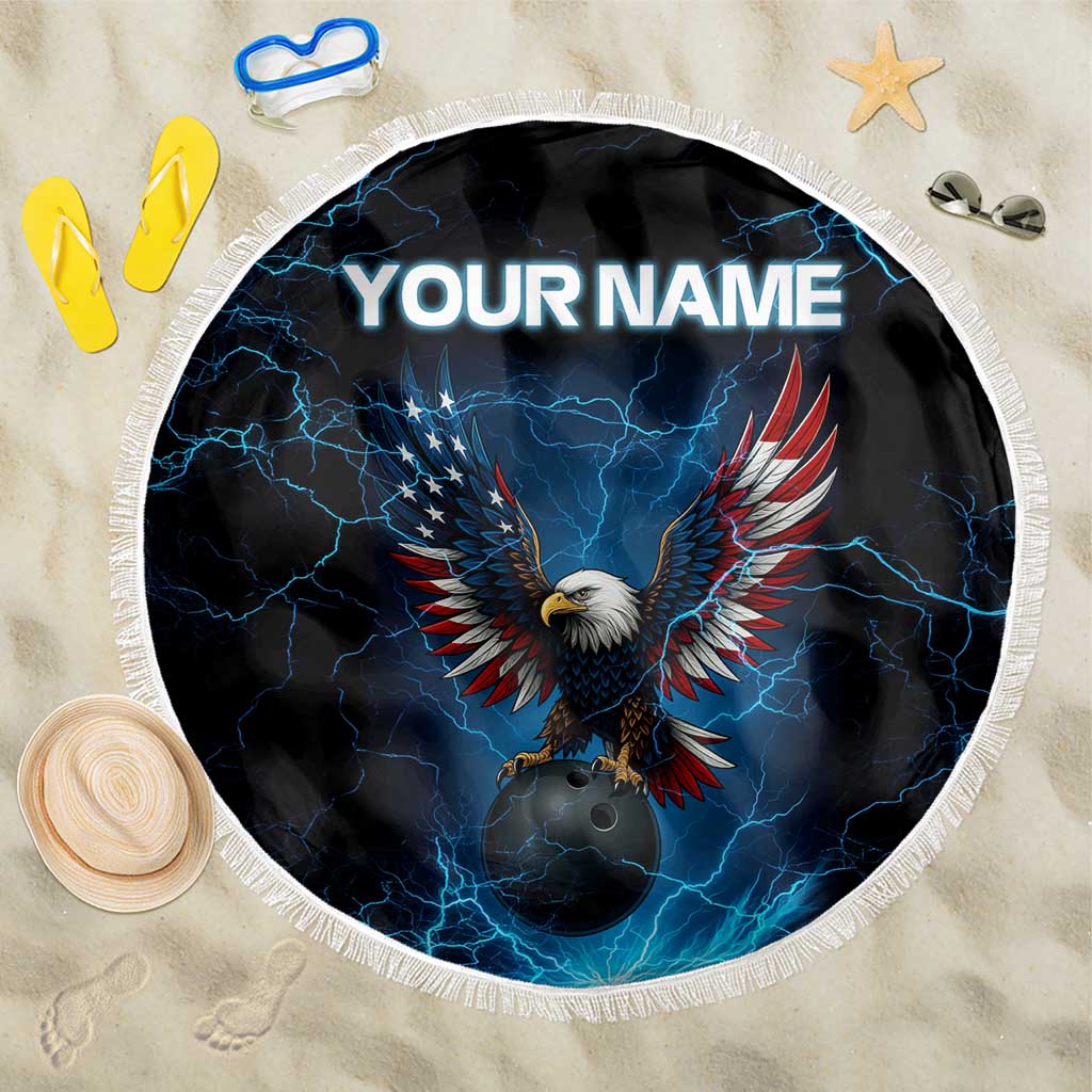 Round beach blanket with eagle and blue lightning graphic, 'YOUR NAME' text; white fringe
