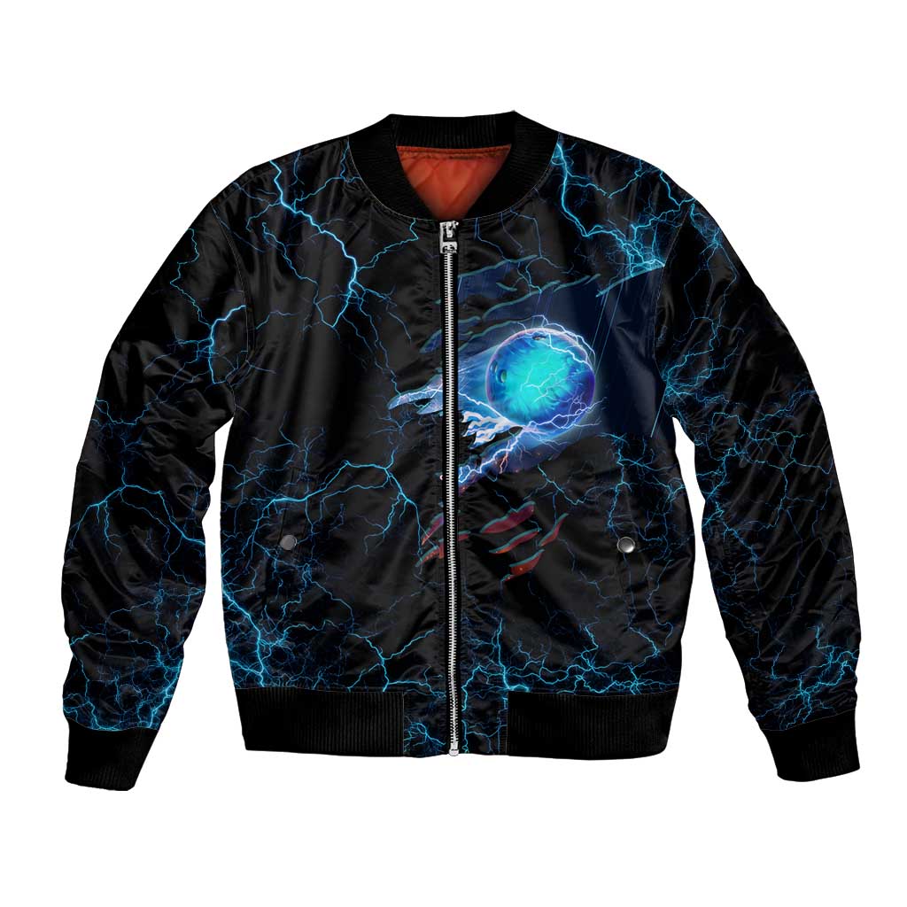 Lightning Bowling Bomber Jacket Electric Blue Ball and American Eagle Graphic on Stormy Black Background - Wonder Print Shop