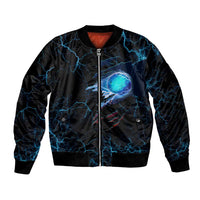 Lightning Bowling Bomber Jacket Electric Blue Ball and American Eagle Graphic on Stormy Black Background - Wonder Print Shop