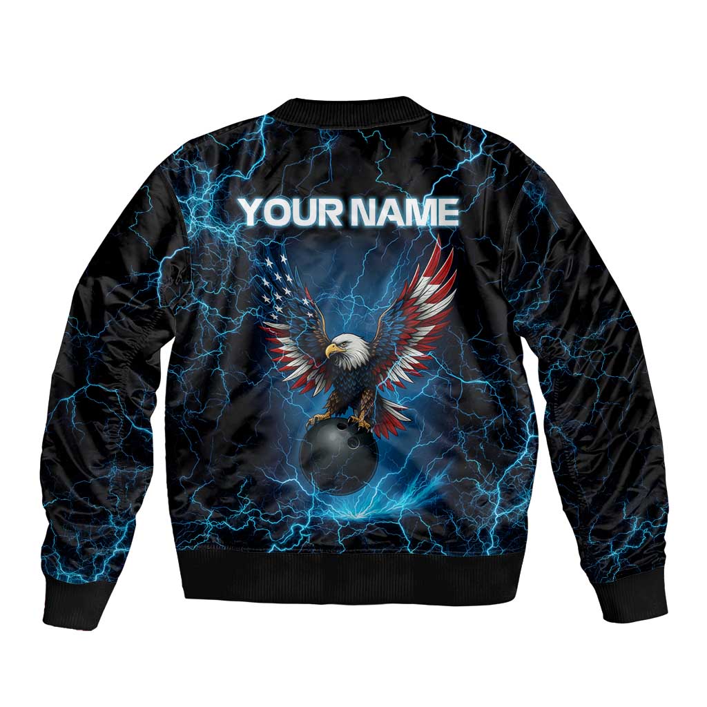 Lightning Bowling Bomber Jacket Electric Blue Ball and American Eagle Graphic on Stormy Black Background - Wonder Print Shop