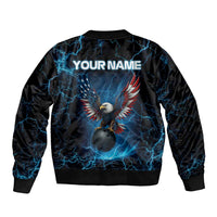Lightning Bowling Bomber Jacket Electric Blue Ball and American Eagle Graphic on Stormy Black Background - Wonder Print Shop