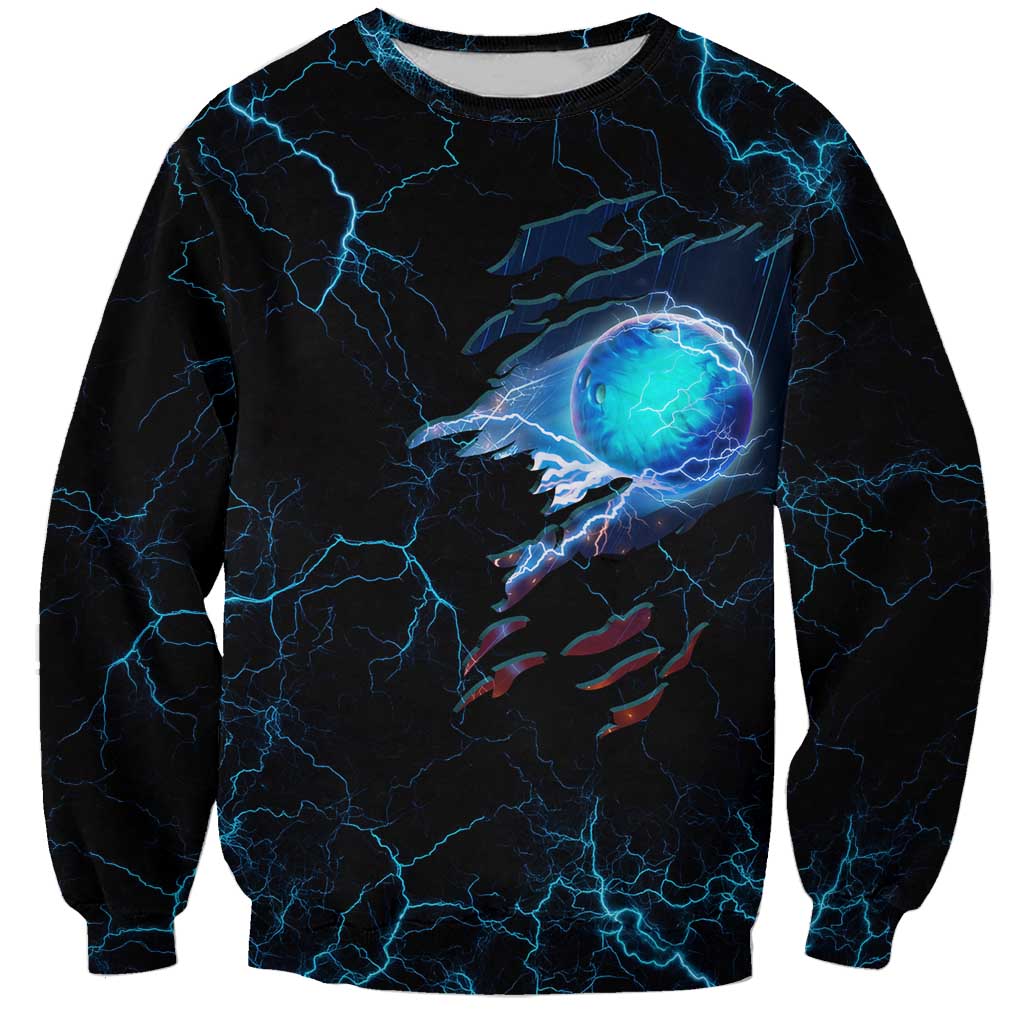 Unisex black sweatshirt with blue electric lightning and bowling ball graphic