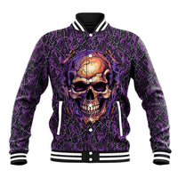 Purple skull graphic baseball jacket with striped ribbed collar and cuffs