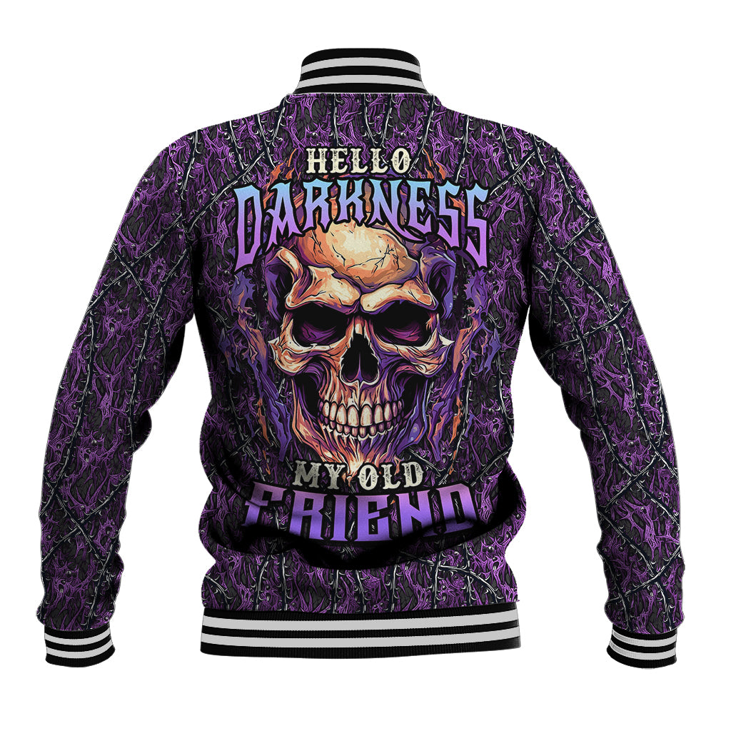 Purple skull baseball jacket with Hello Darkness My Old Friend back text