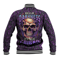 Purple skull baseball jacket with Hello Darkness My Old Friend back text