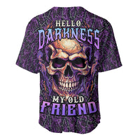 Purple skull baseball jersey with 'HELLO DARKNESS' text on back and short sleeves