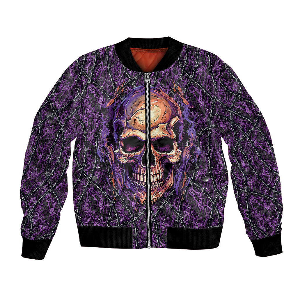 Unisex purple bomber jacket with skull graphic, front zip and ribbed cuffs