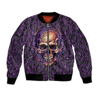 Unisex purple bomber jacket with skull graphic, front zip and ribbed cuffs