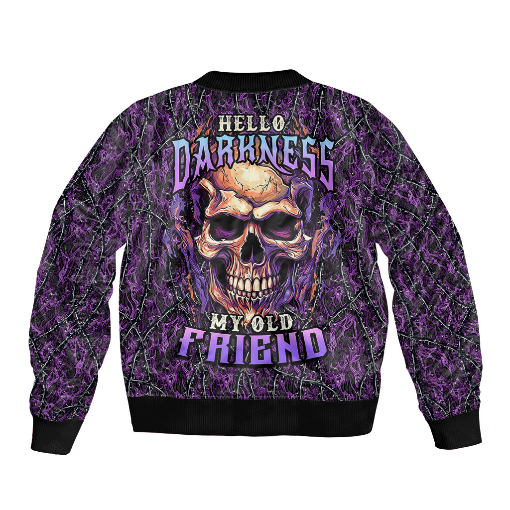 Unisex purple bomber jacket with skull graphic on back, ribbed hem and cuffs