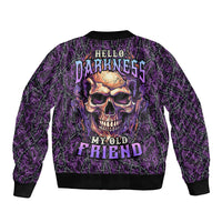 Unisex purple bomber jacket with skull graphic on back, ribbed hem and cuffs
