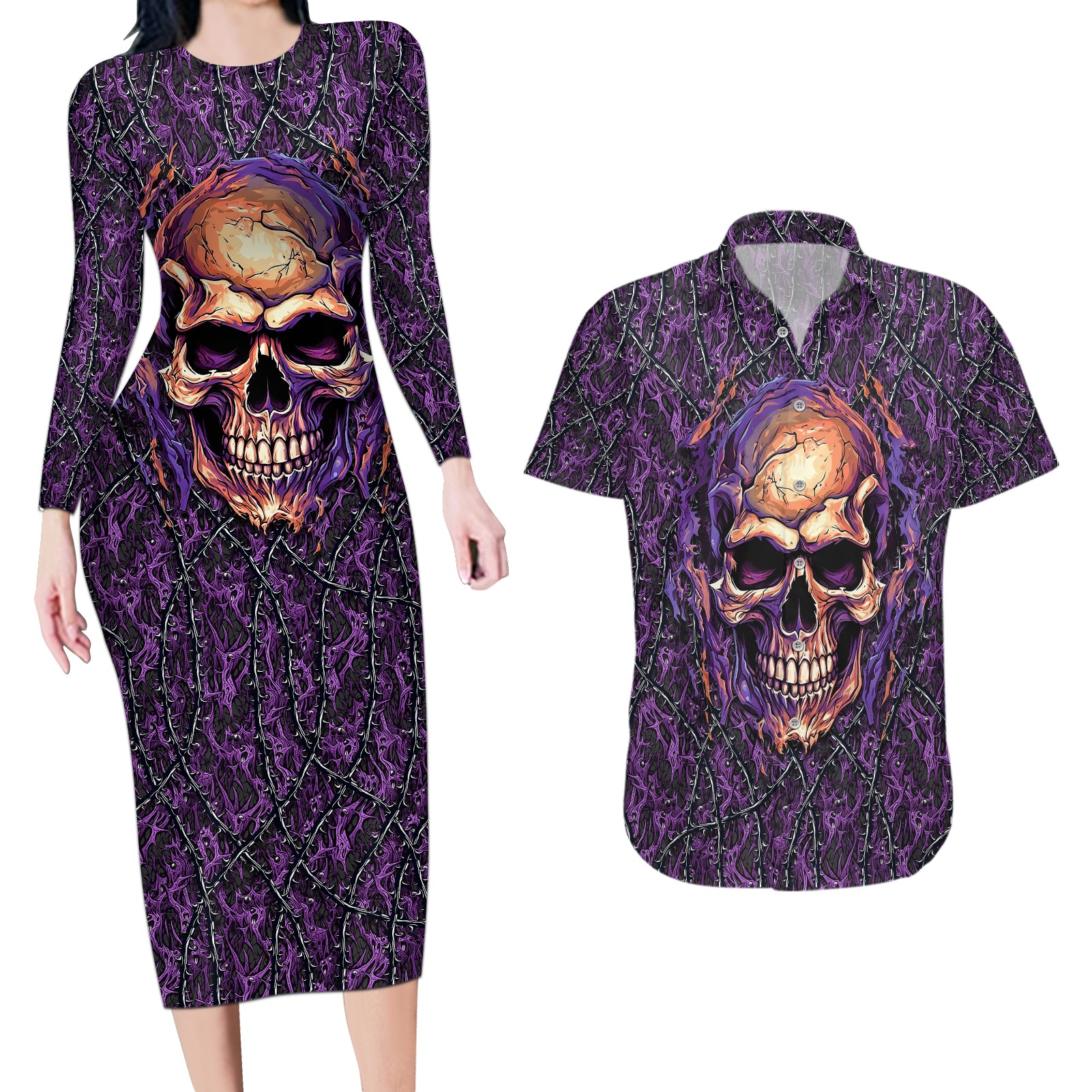 Skull Couples Matching Long Sleeve Bodycon Dress and Hawaiian Shirt Hello Darkness My Old Friend - Horror Seamless Pattern Purple - Wonder Print Shop